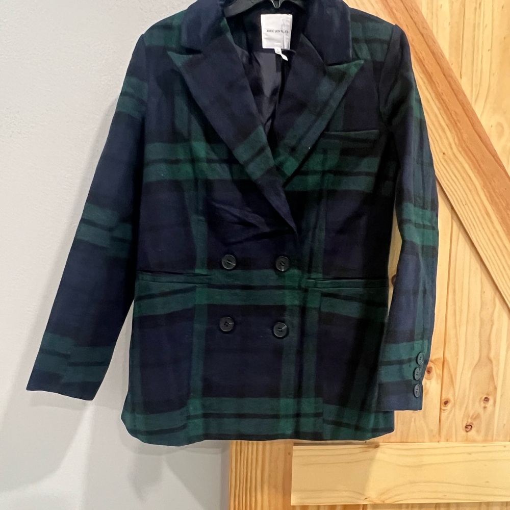 Green and navy Double-Breasted Blazer with Tartan Pattern